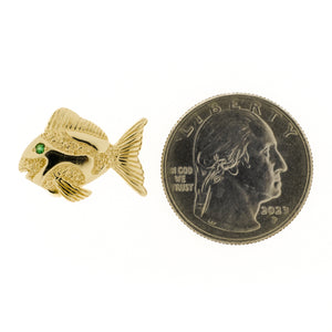 Fish Pendant with Green Eye in Solid 14K Yellow Gold - 2.2 grams