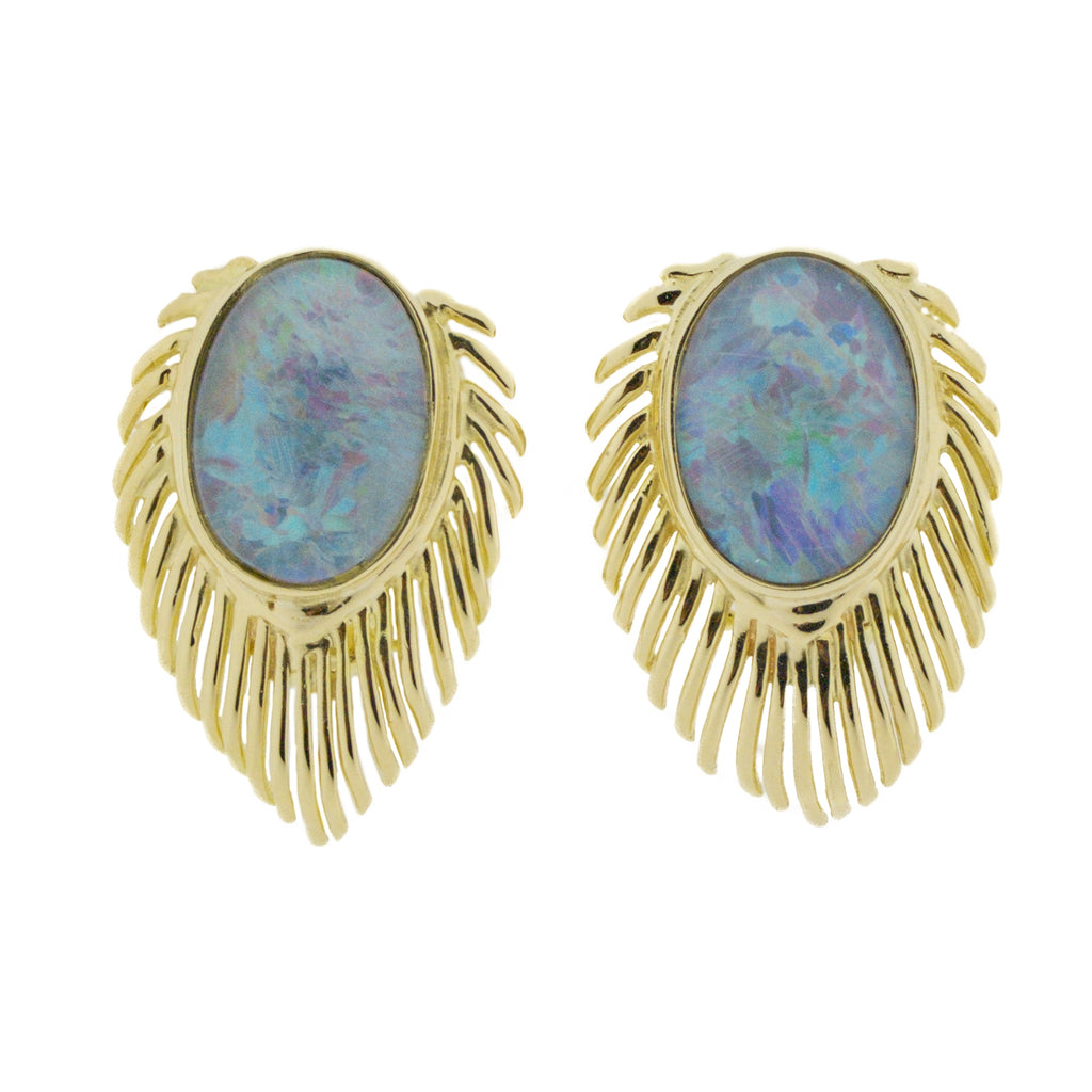 Oval Cabochon Opal Solitaire Clip-On Earrings in 14K Yellow Gold
