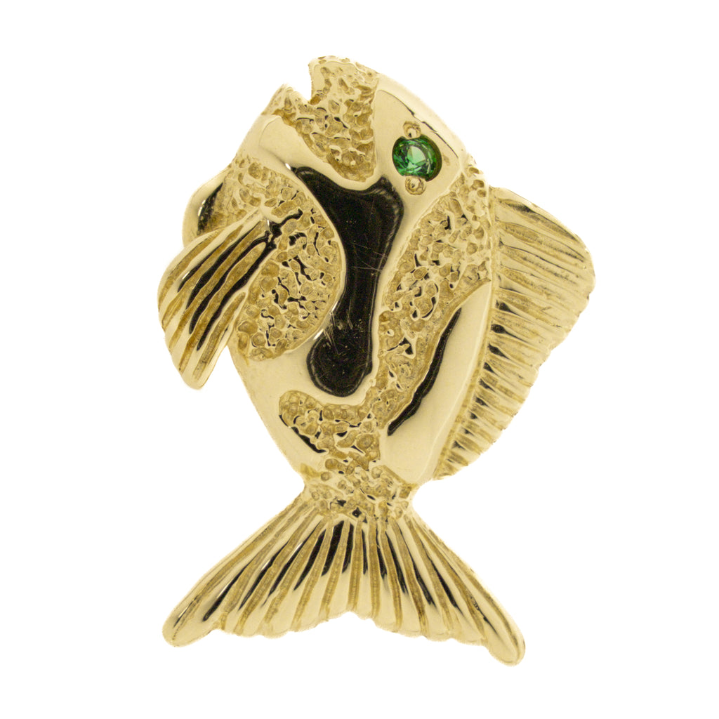 Fish Pendant with Green Eye in Solid 14K Yellow Gold - 2.2 grams