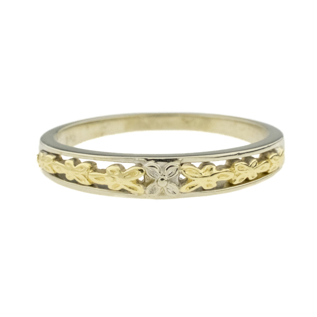 3mm Wide Floral Band Ring in 14K Two Tone Gold - Size 5.75