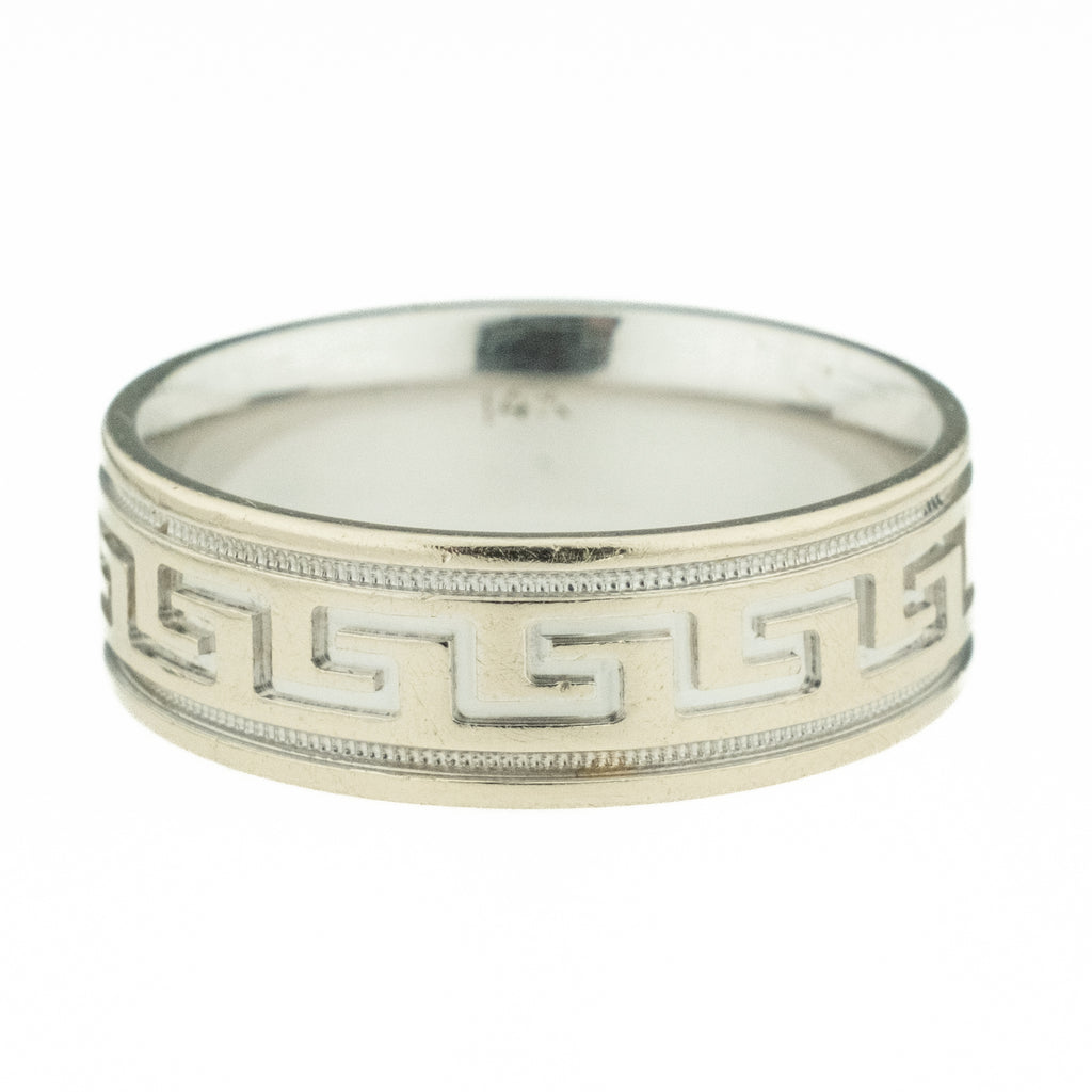 6.5mm Wide Greek Key Design Wedding Ring in 14K White Gold - Size 8.5