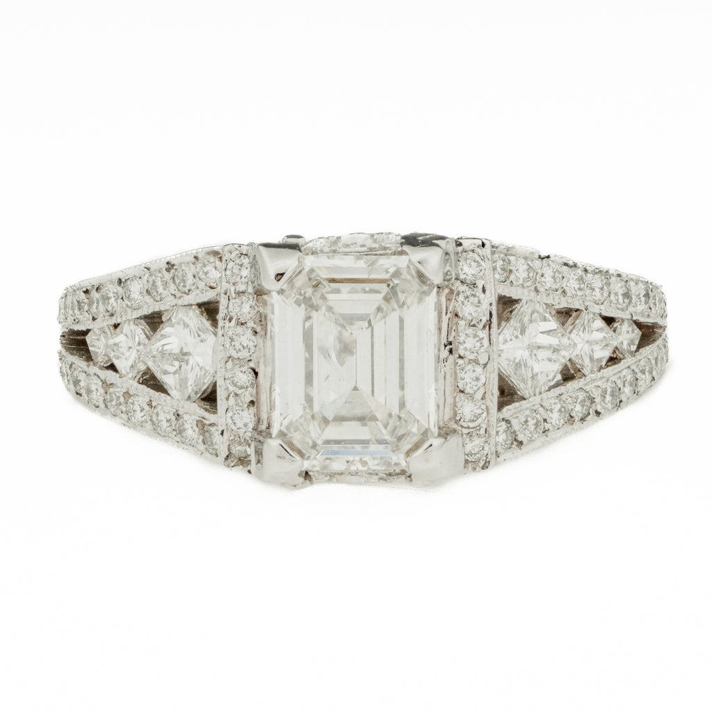 1.00ct Emerald Cut Diamond SI2/H & 0.48ctw Diamond Accented Engagement Ring in 14K White Gold - Size 7