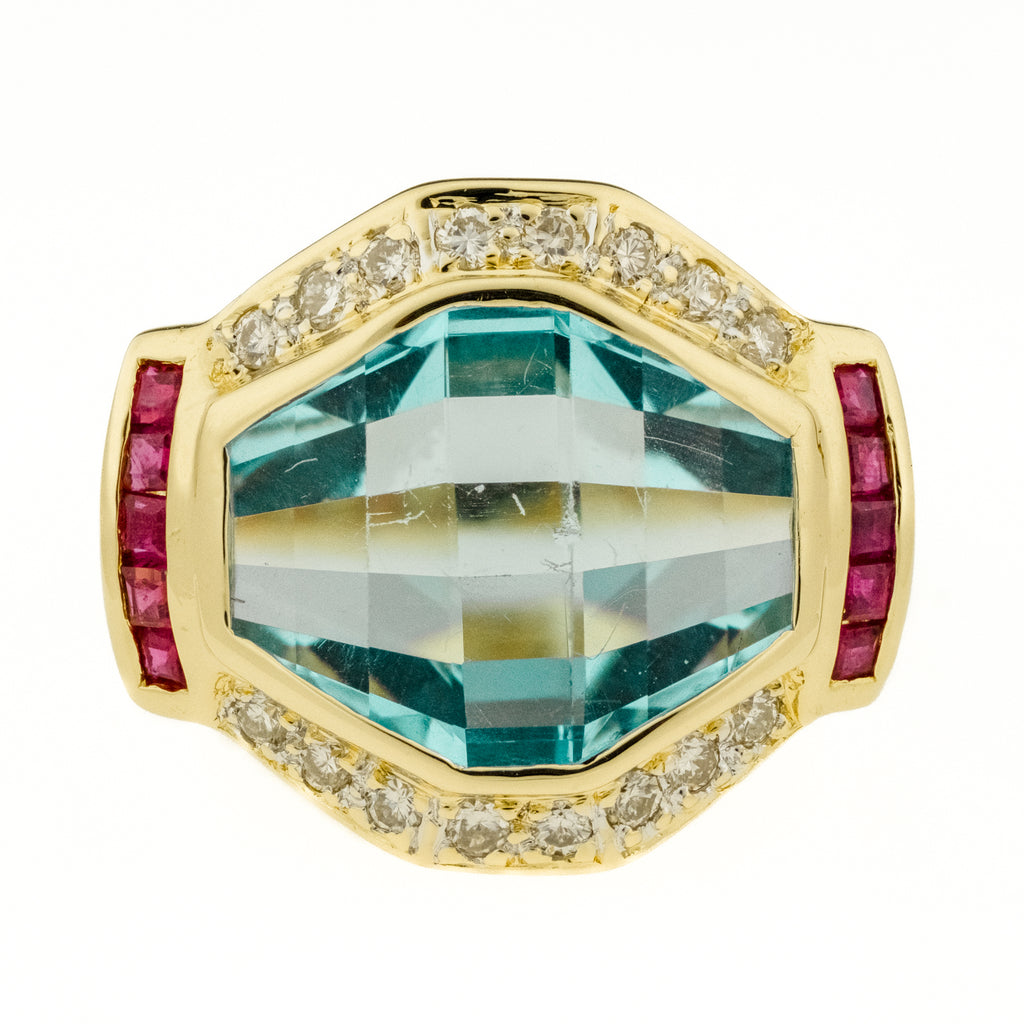 Blue Topaz with Ruby and Diamond Accents Ring in 14K Yellow Gold - Size 5.75