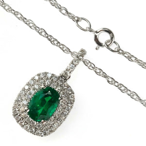 0.76ct Emerald & Diamond Accents Halo Pendant on 18" Chain in 14K/18K White Gold Pendants with Chains Oaks Jewelry 