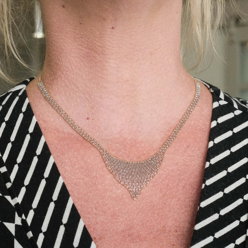 17" Beaded Mesh Bib Necklace in Two Tone 14K Gold