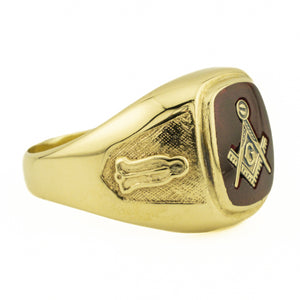 Synthetic Ruby Masonic Gold Ring in 10K Yellow Gold - Size 10