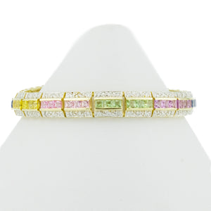 Multi Colored Gemstone & Diamond Accented 7.25" Tennis Bracelet in 14K Yellow Gold - 23.9 Grams