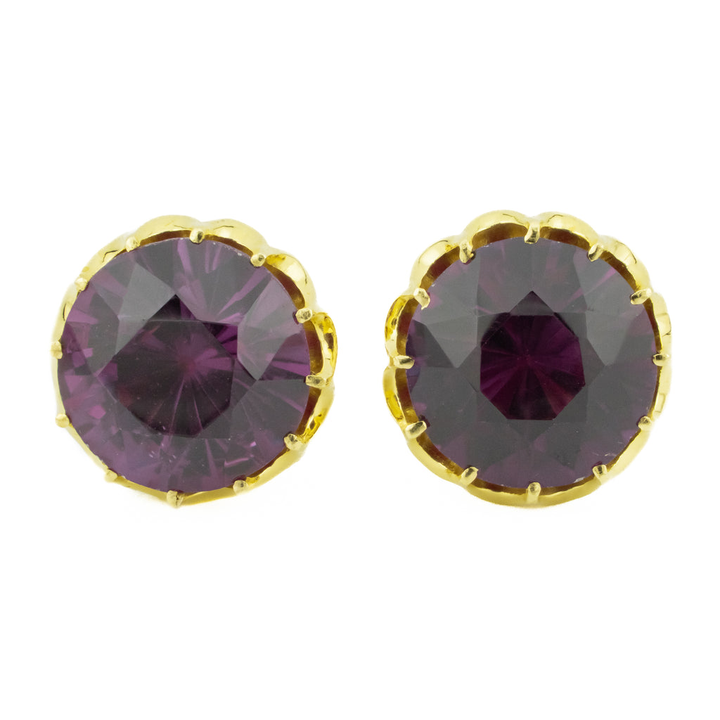 20.45ctw Vintage Round Purple Amethyst Stud Earrings in 18K Yellow Gold - 14.5g