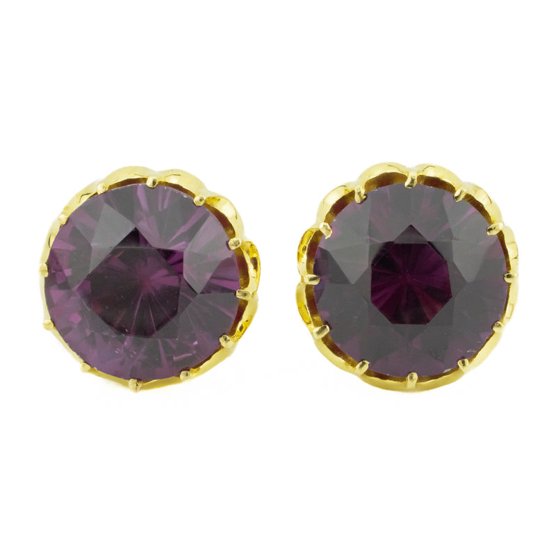 20.45ctw Vintage Round Purple Amethyst Stud Earrings in 18K Yellow Gold - 14.5g