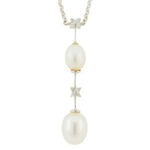 Pearls and Diamond Drop Pendant with 16" Chain in 14K White Gold - 4.7 Grams