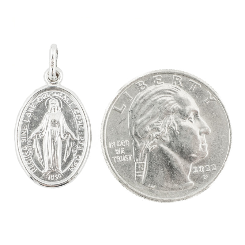 Miraculous Medal Virgin Mary Madonna Pendant in 14K White Gold - 1.2grams