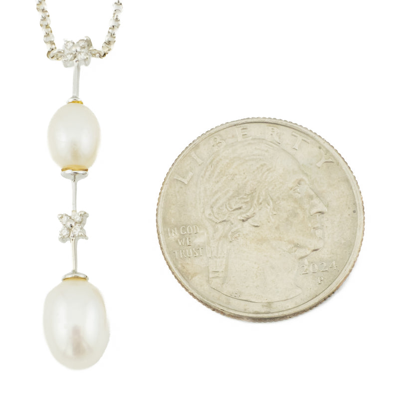 Pearls and Diamond Drop Pendant with 16" Chain in 14K White Gold - 4.7 Grams