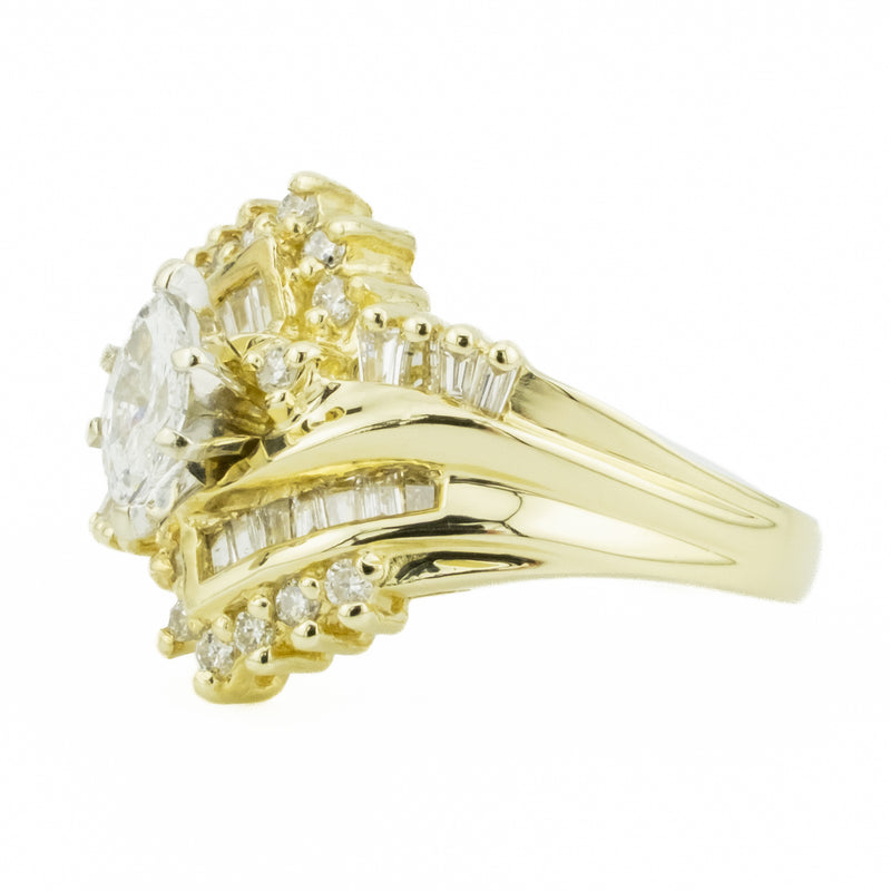 0.85ctw Marquise, Round, & Baguette Cluster Diamond Ring in 14K Yellow Gold - Size 5