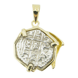 14K Yellow Gold Dolphin Pendant with Silver Spanish Cob Treasure Coin Copy