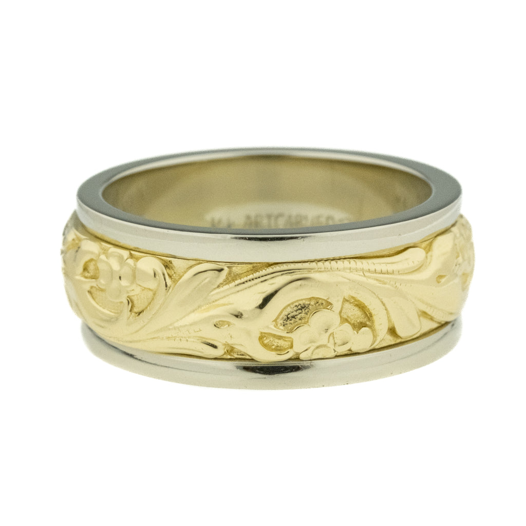 7.75mm Wide ArtCarved Gold Band in 14K Two Tone Gold - Size 5.75
