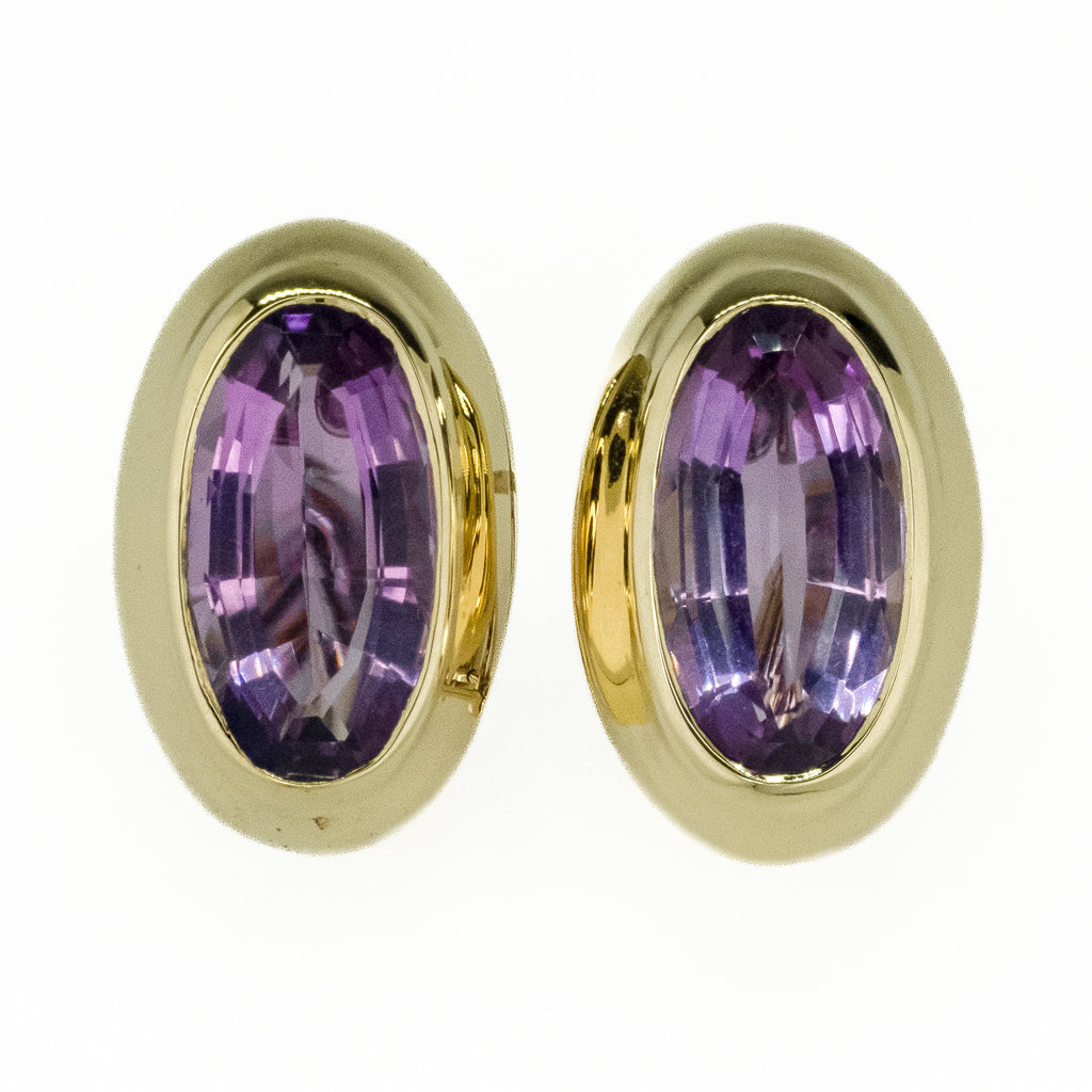 12.09ctw Purple Amethyst Solitaire Gemstone Earrings in 18K Yellow Gold