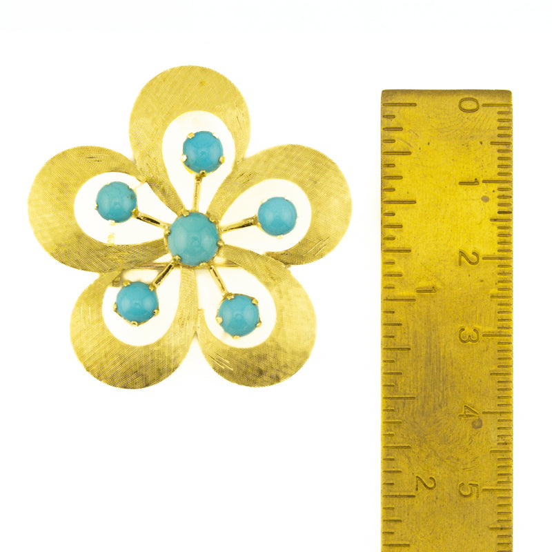 2.16ctw Turquoise Flower Brooch in 14K Yellow Gold