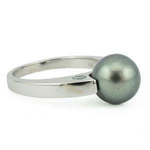 9mm Tahitian Black Pearl and Blue Diamond Accents Ring in 14K White Gold - Size 6.5