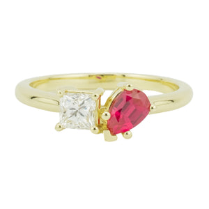 GIA 0.44ctw Princess Cut Diamond & 0.25ctw Pear Cut Ruby Ring in 14K Yellow Gold - Size 6.75