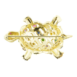 Multi Gemstone Turtle Brooch Pin in 14K Yellow Gold