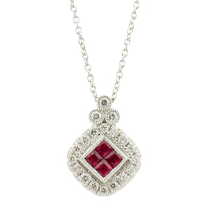 0.25ctw Princes Cut Ruby Accents & Diamond Accents Pendant on 18" Chain in 14K White Gold