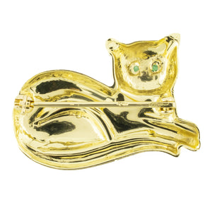 Emerald Eyes Accented Cat Brooch Pin in 14 Yellow Gold