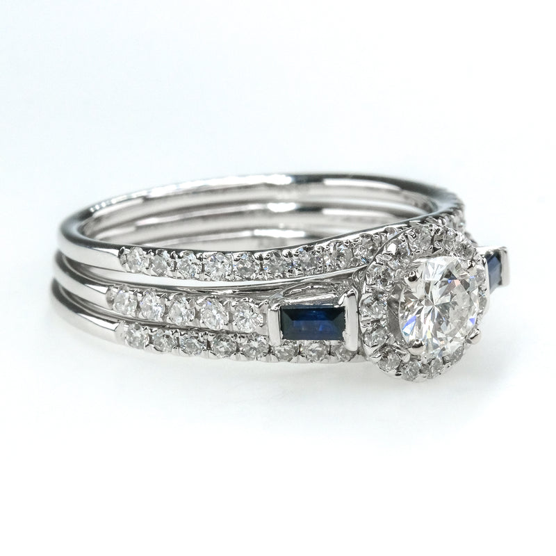 1.25ctwt Diamond w/Sapphire Engagement Double Band Bridal Set 14K White Gold