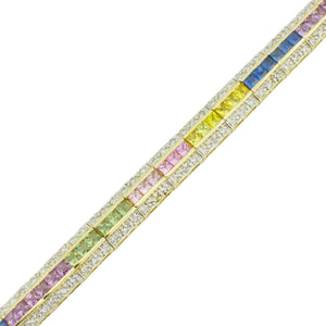 Multi Colored Gemstone & Diamond Accented 7.25" Tennis Bracelet in 14K Yellow Gold - 23.9 Grams