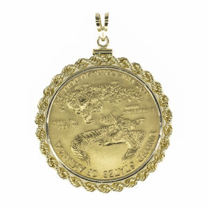 1oz Gold American Eagle Liberty Coin 1987 Rope Bezel Pendant with 16" Rope Chain in 14K Yellow Gold