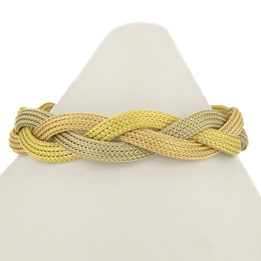 Woven Mesh Gold Bracelet 7.25" in 18K Three Tone Gold