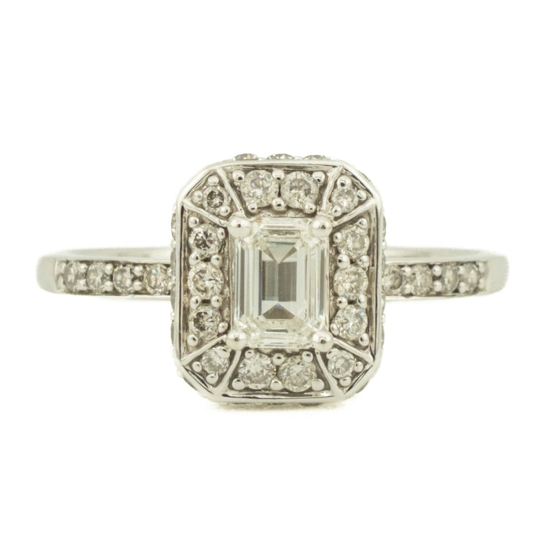 0.45ct Emerald Cut Diamond VS2/G & 0.38ctw Diamond Accented Engagement Ring in 14K White Gold - Size 7.5