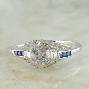 950 Platinum 0.50ct Diamond Solitaire with Blue Sapphire Accents Ring Size 9