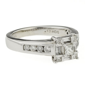 0.65tw Round, Princess and Baguette Diamond Accented Cluster Ring in 14K White Gold - Size 5.5