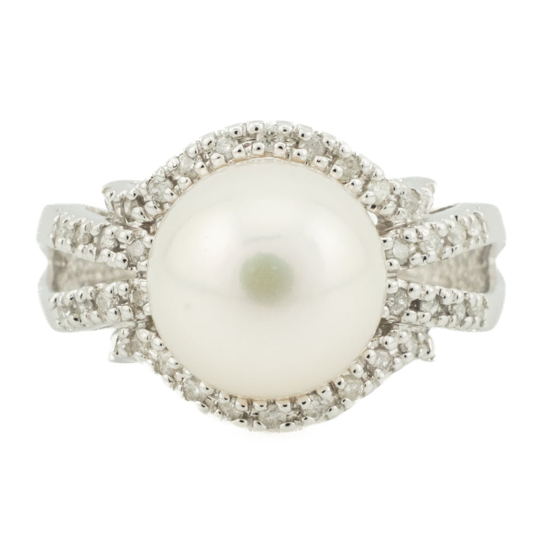 10mm Pearl and Diamond Accented Ring in 14K White Gold - Size 7