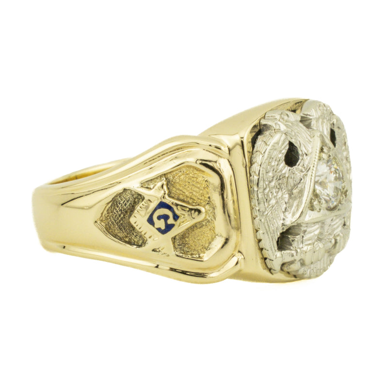 0.25ctw Round Brilliant Solitaire Diamond Masonic Ring in 14K Two-Tone Gold - Size 10.75