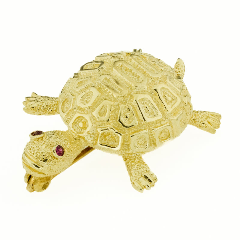 Turtle Ruby Accented Brooch in 14K Yellow Gold