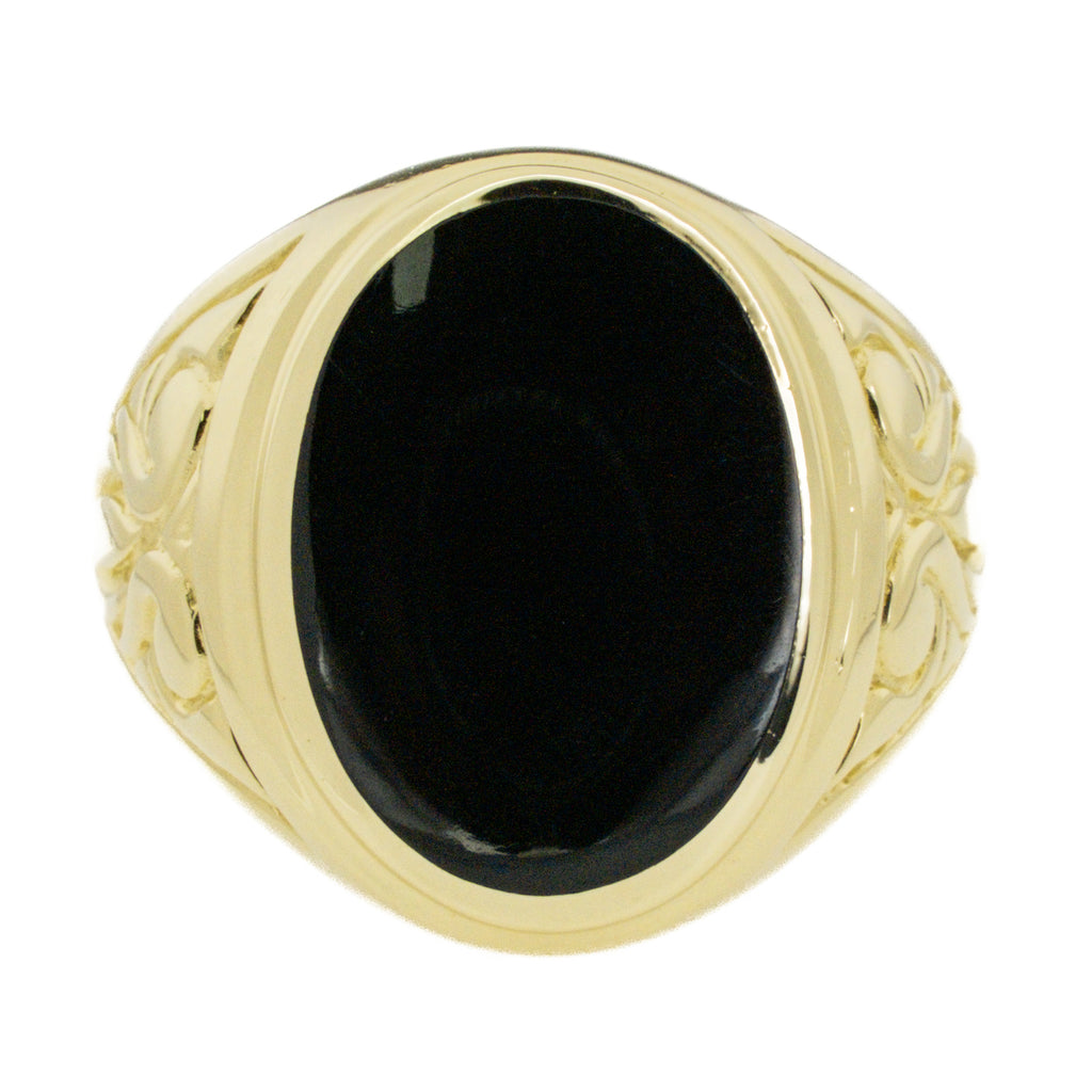 14K Yellow Gold Men's Black Onyx Solitaire Gemstone Ring - Size 10.5