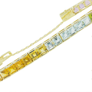 Princess Cut Multi Colored Gemstone 7" Tennis Bracelet in 14K Yellow Gold - 17.5 Grams