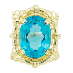 11ctw Oval Blue Cocktail Topaz Solitaire Gemstone Ring in 14K Yellow Gold - Size 8.5