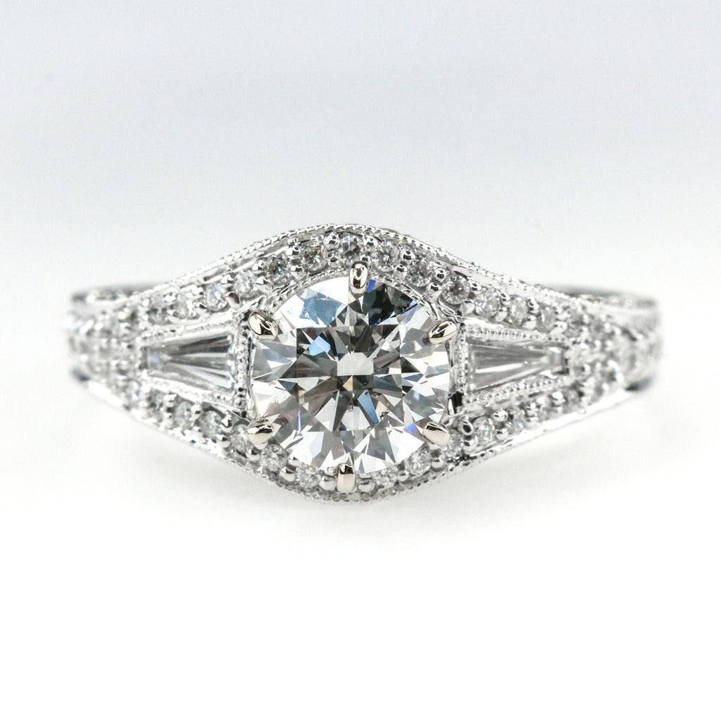 GIA 1.02ct SI2/F Round Diamond & Accents Engagement Ring in 18K White Gold