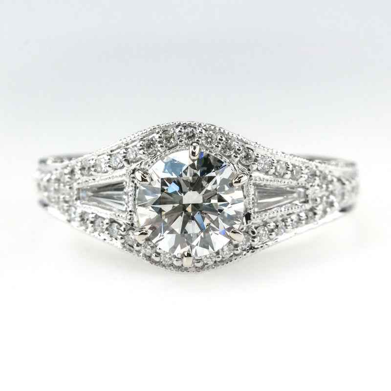 GIA 1.02ct SI2/F Round Diamond & Accents Engagement Ring in 18K White Gold