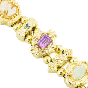 Vintage Slide Charm Multi Colored Gemstone 7" Bracelet in 14K Yellow Gold