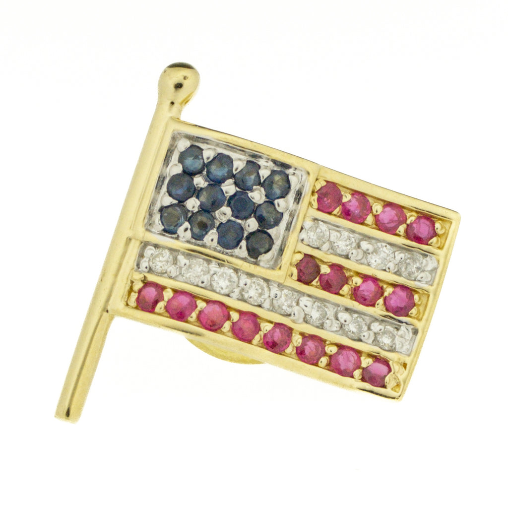 Diamond, Ruby & Sapphire USA Flag Pin in 14K Yellow Gold