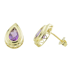 0.90ctw Pear Cut Purple Amethyst Solitaire Gemstone Earrings in 14K Yellow Gold