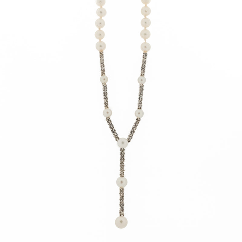 4.50mm Wide Round Pearl and Diamond 18" Necklace in 14K White Gold