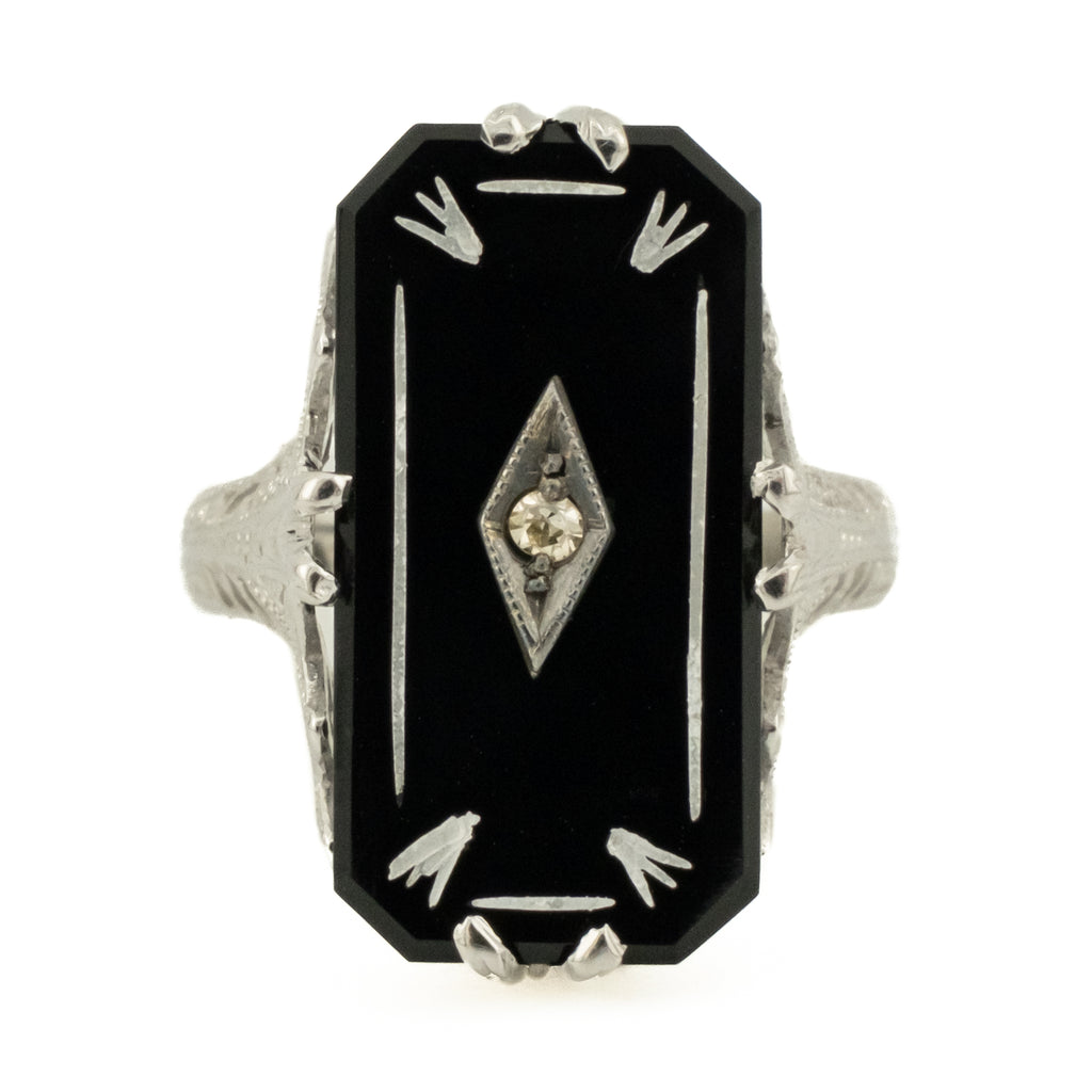 Vintage Onyx and Diamond Gemstone Ring in 14K White Gold - Size 3.75