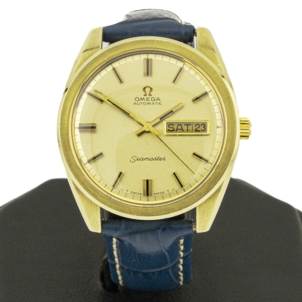 Vintage Omega Seamaster in Stainless Steel and 14K Yellow Gold Filled with Genuine Leather Blue Band