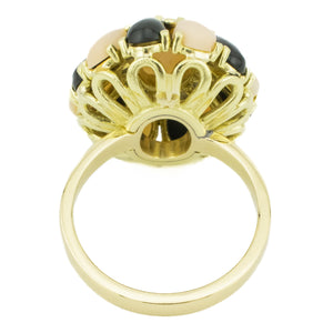 2.25ctw Oval Coral with Onyx & Diamond Accents Gemstone Ring in 18K Yellow Gold - Size 6.75