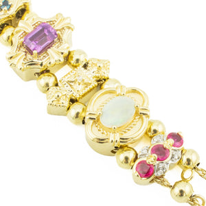 Vintage Slide Charm Multi Colored Gemstone 7" Bracelet in 14K Yellow Gold