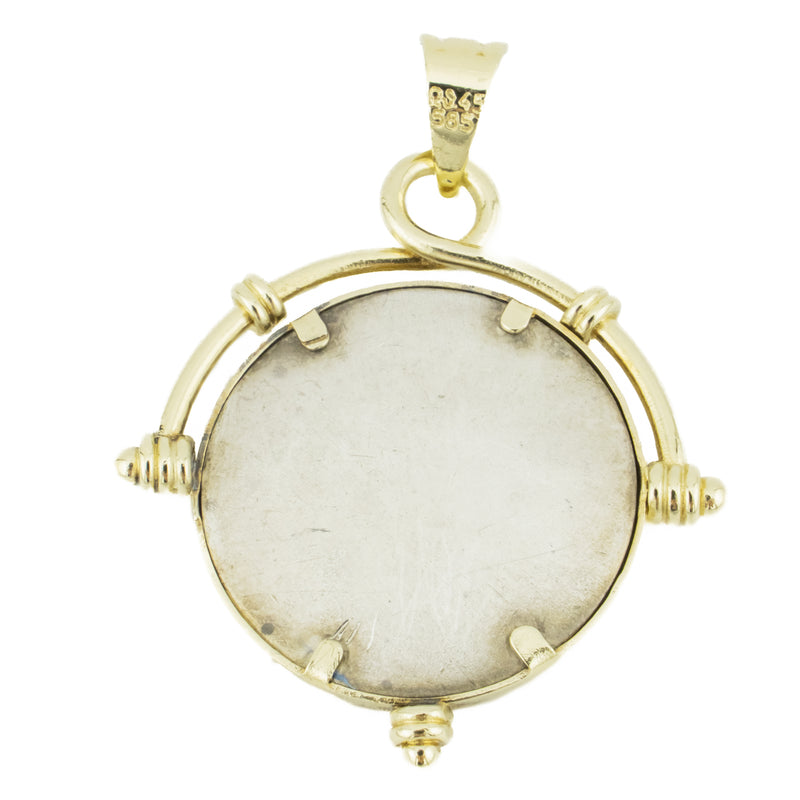 Owl of Athena Coin Replica in Sterling Silver with 14K Yellow Gold Bezel Pendant